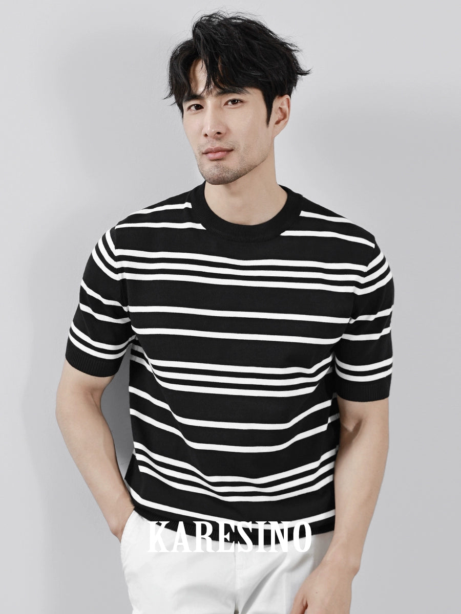 KARESINO Ice Silk Breathable, Striped Crew Neck Casual Tee
