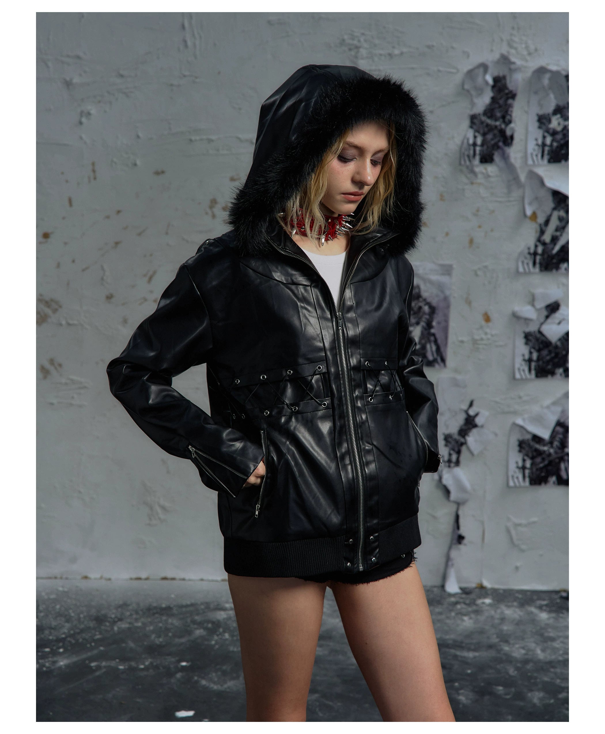 PAIKI Cross Strap-on Leather Jacket Sweater Collar Jacket