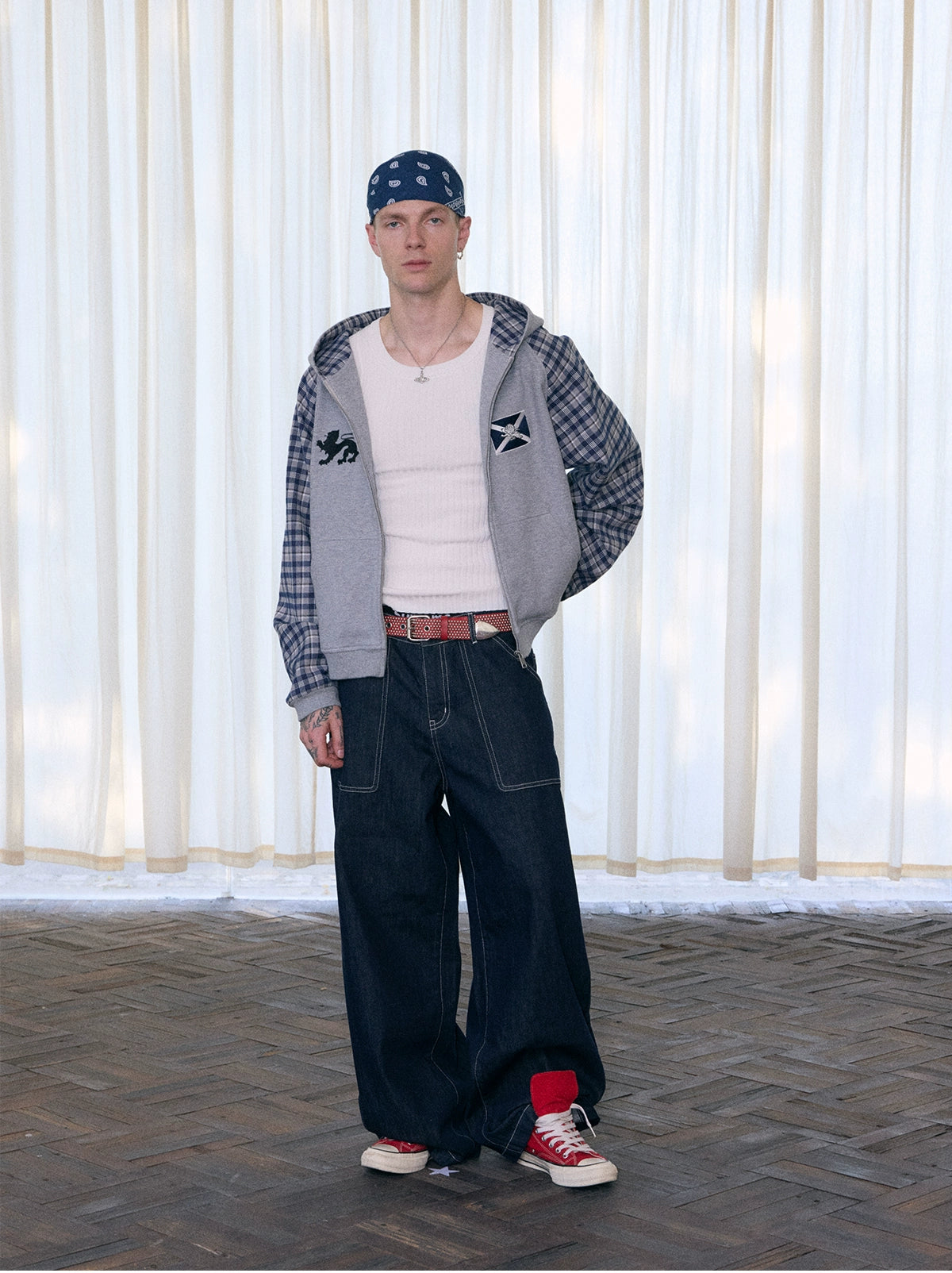 InsGale Contrast Checked Waffle Embroidered Hooded Cardigan Jacket