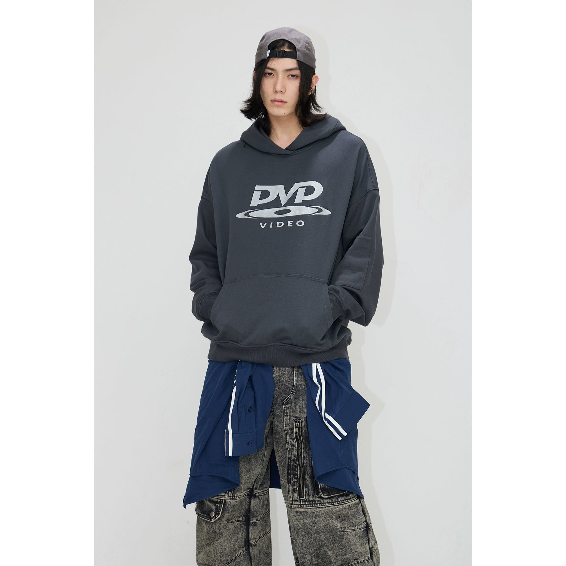 PEOPLESTYLE "DVD" Silicone Print Hidden Zipper Structure Hooded Sweater