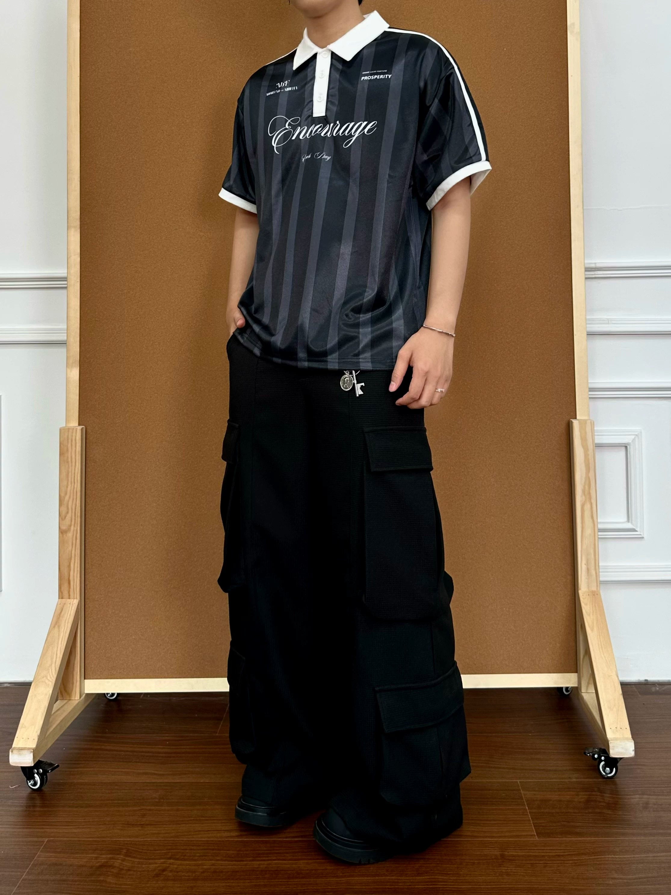 BeOurRule Striped Badge Polo Collar Tee