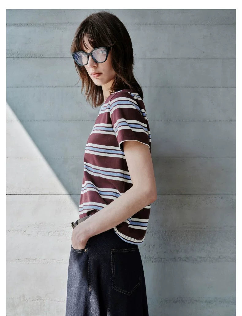 URBAN REVIVO Casual Contrasting Striped Crew Neck Tee