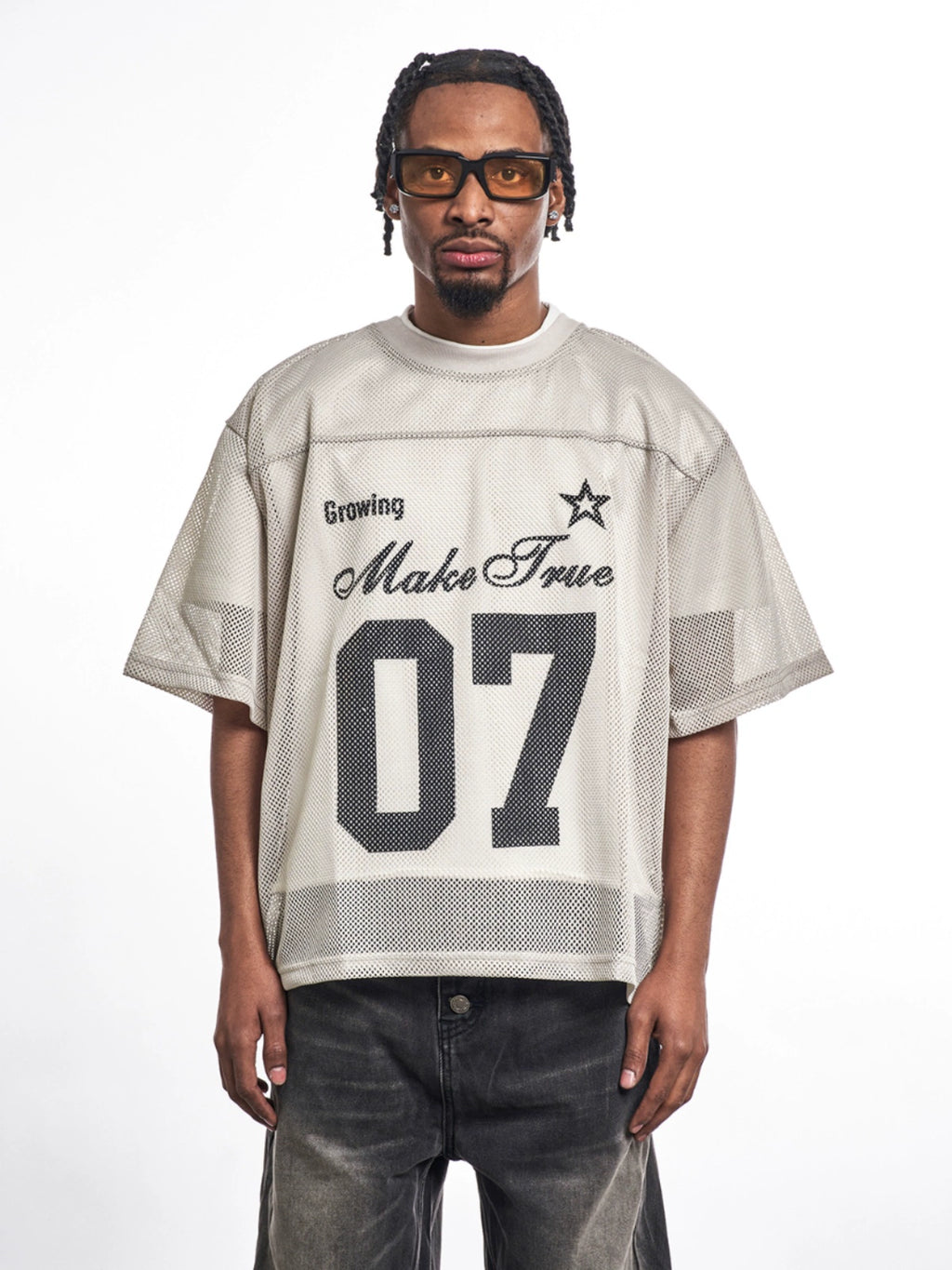MT99 Hollow Letter Loose Mesh Printed Tee