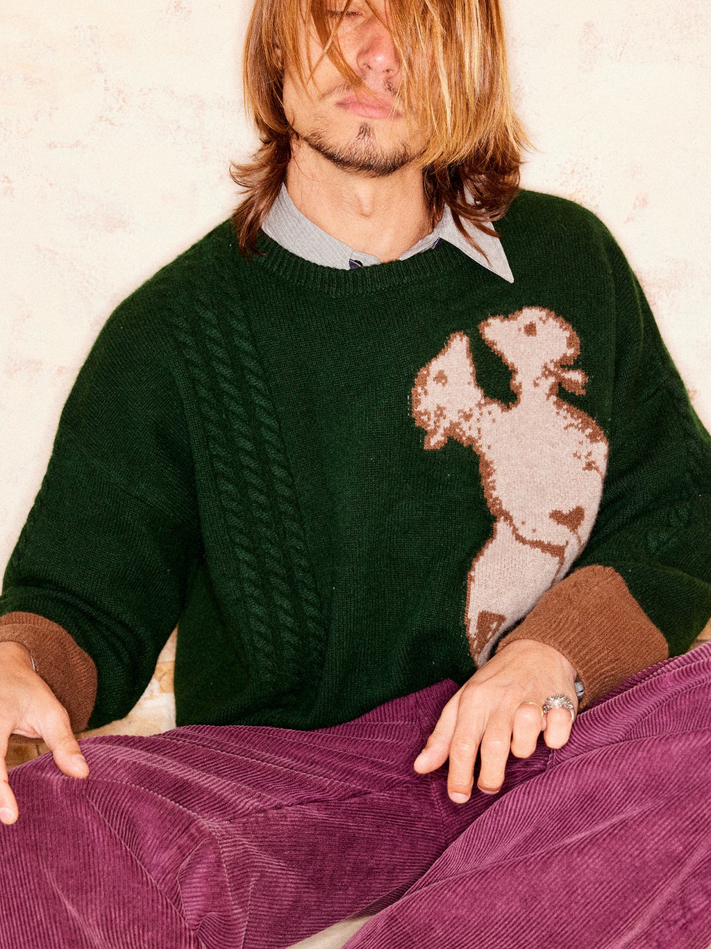 RICHILL Forest Green One-Piece Sheep Print Crew Neck Sweater