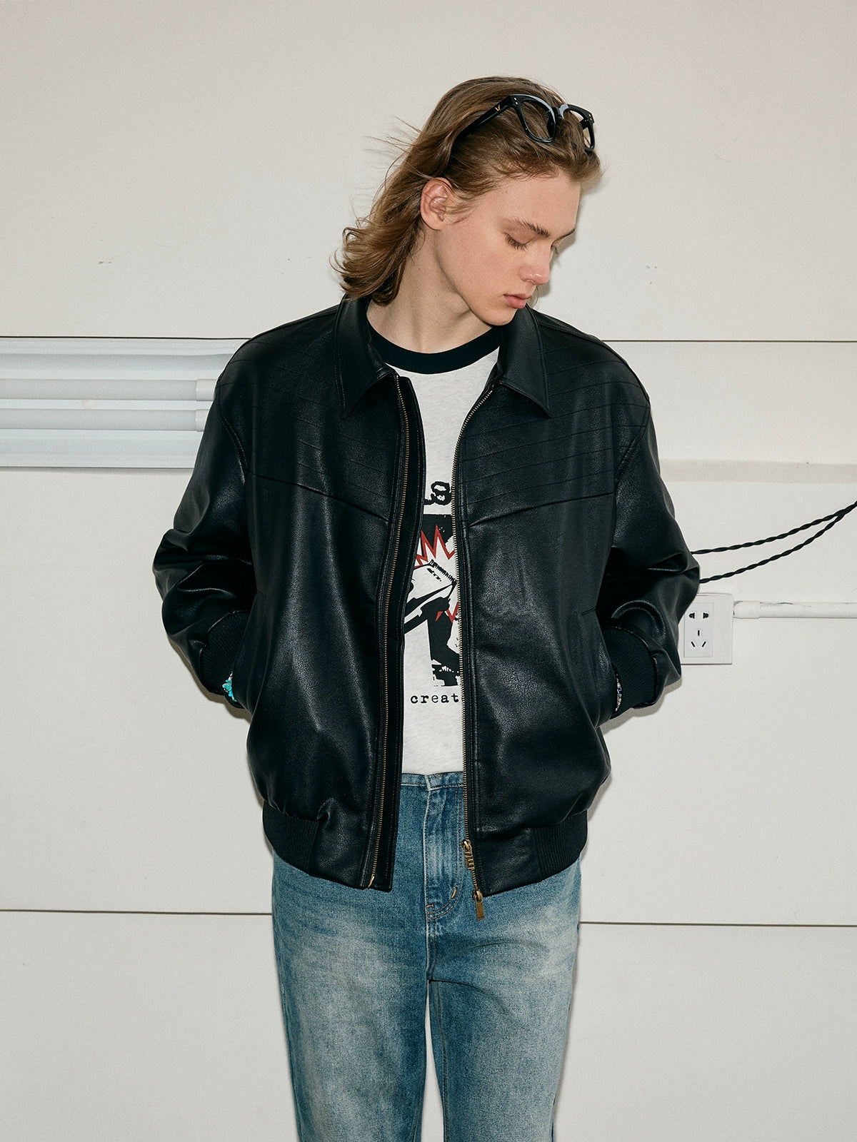 KREATE Vintage Matte Textured Split Shoulder Pu Leather Jacket