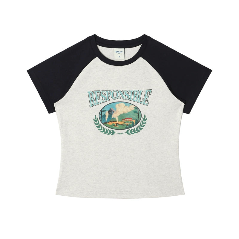 RPB BRAND Straight Shoulder Contrast Color Ragglar Sleeve Slim Tee