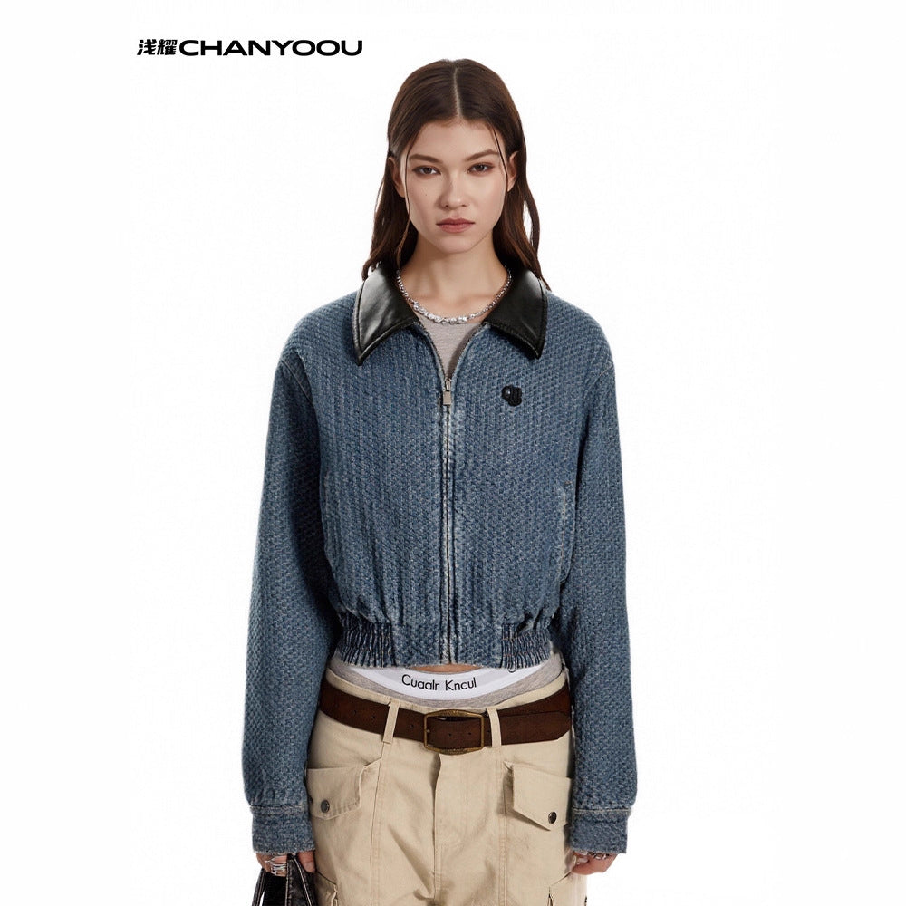 CHANYOOU Retro Contrasting Lapel PU Leather Denim Jacket