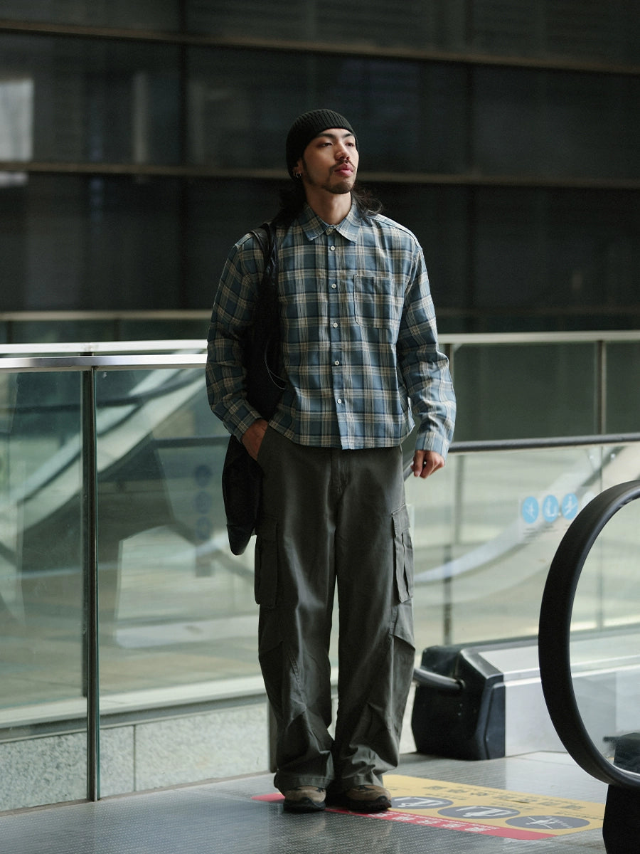 NOEARS Japanese Retro Plaid Loose Long-sleeved Square Neck Shirt