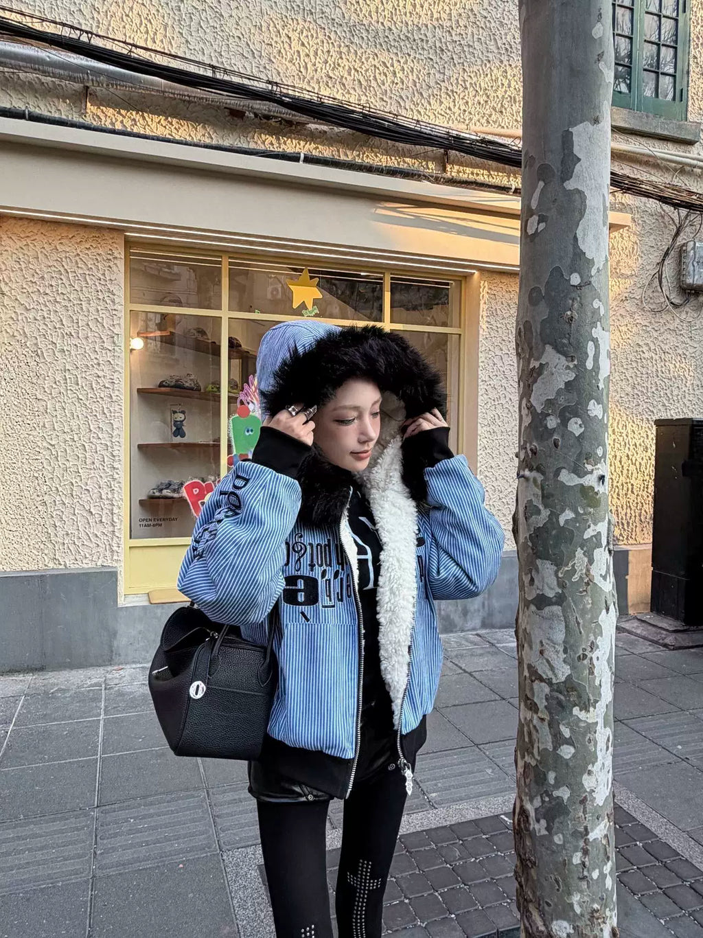 DETW Striped Long Fur Collar Lamb Fleece Hooded Jacket