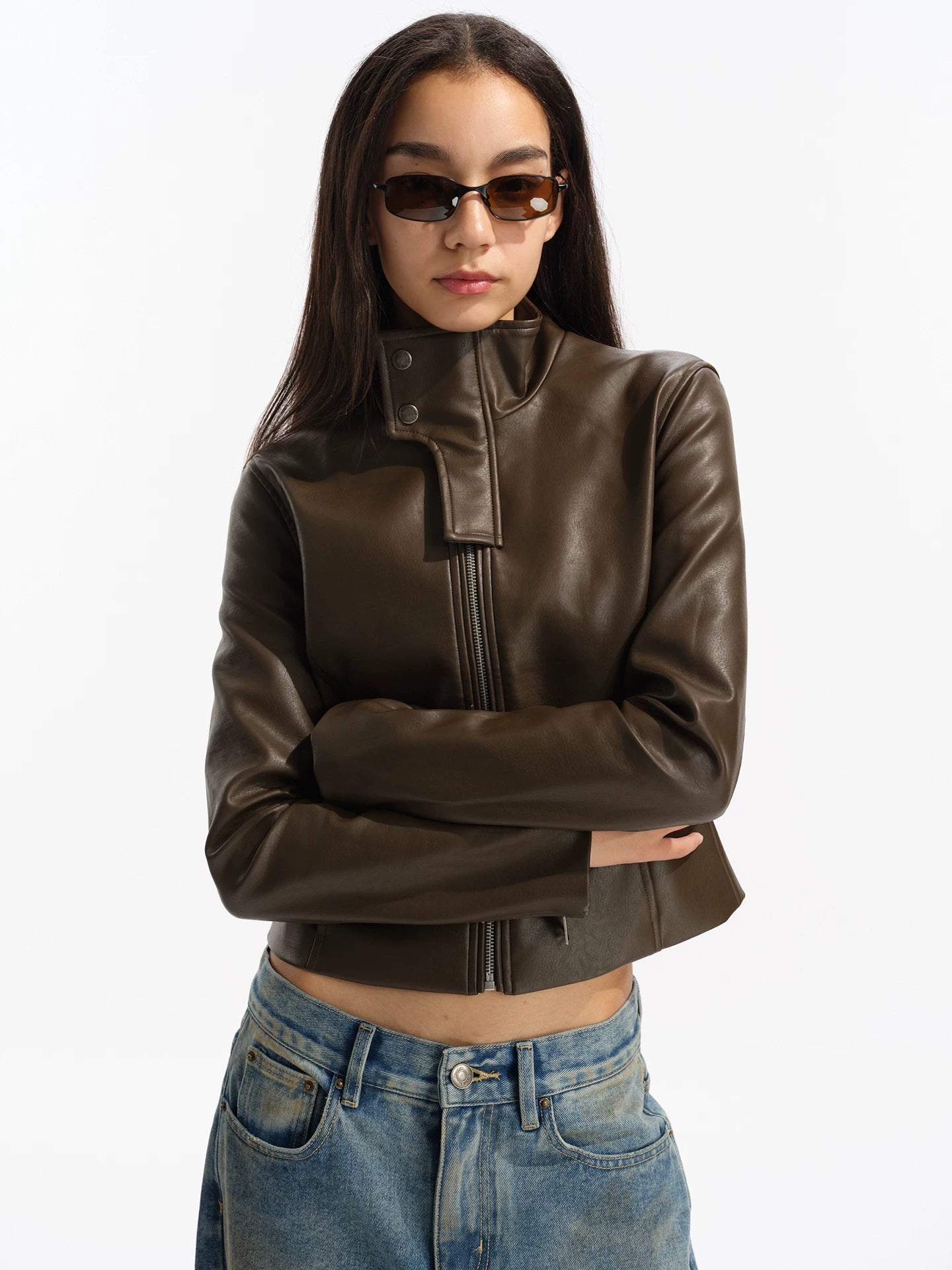 Two Little Guys Stand-up Collar Waist Leather Jacket