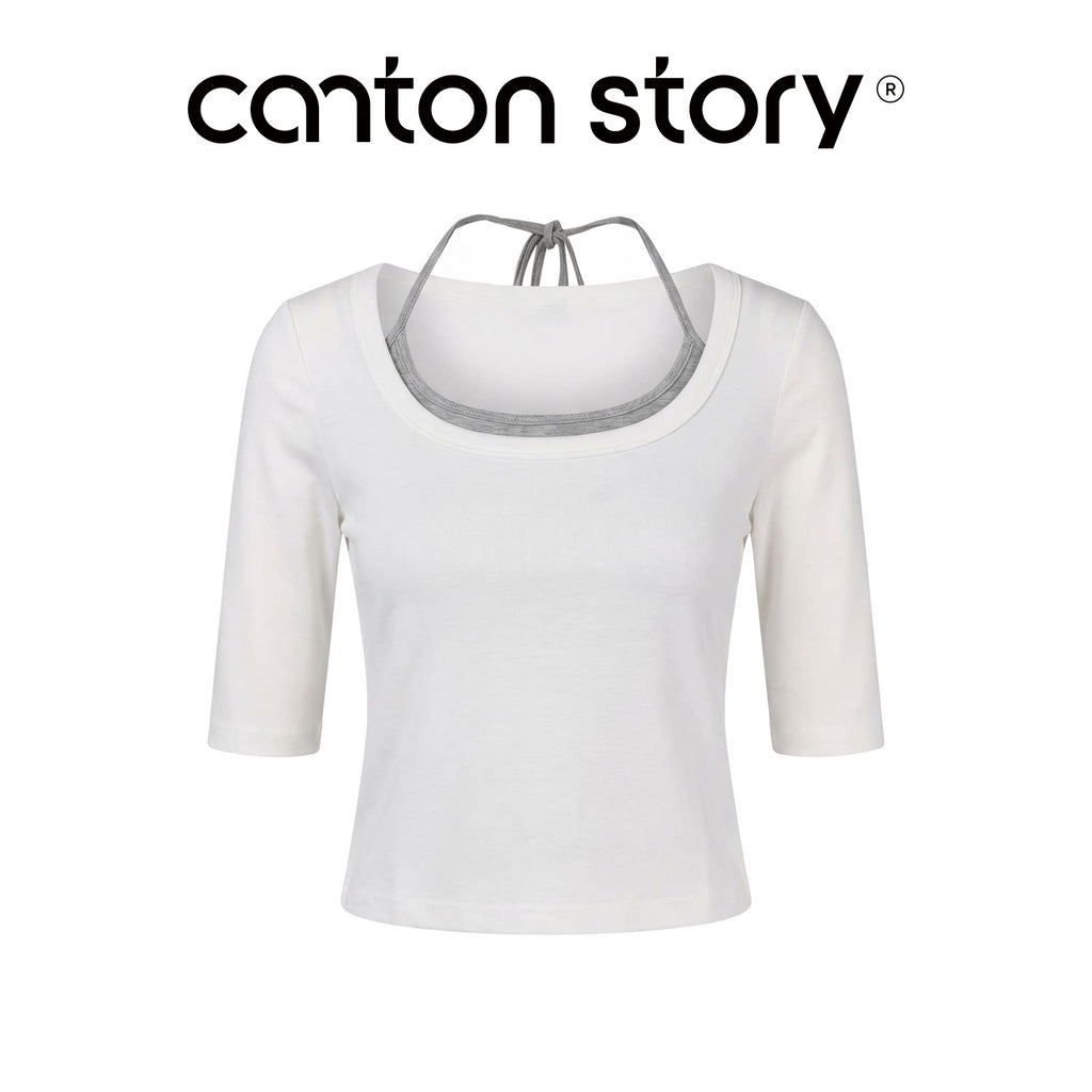 Cantonstory U-neck Suspender Five-quarter Sleeve Tee Slacks Set