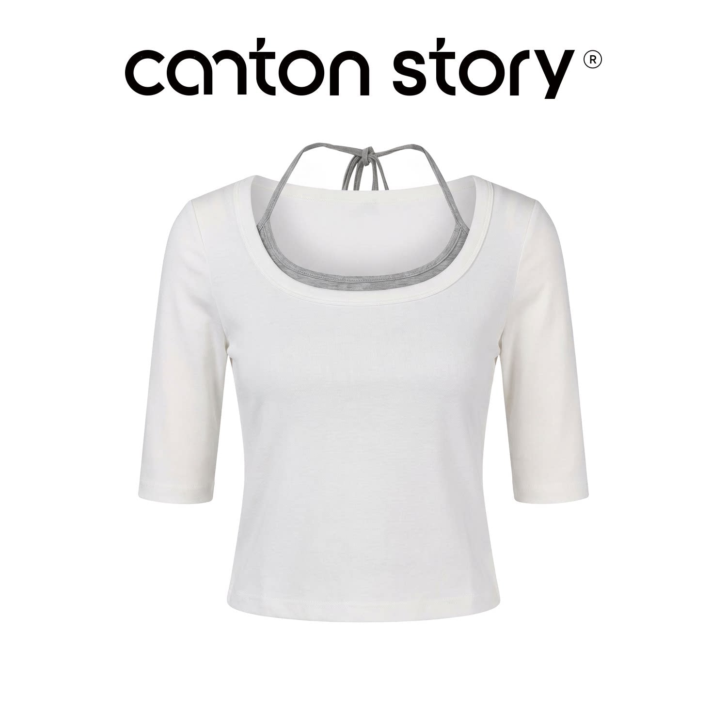 Cantonstory U-neck Suspender Five-quarter Sleeve Tee Slacks Set