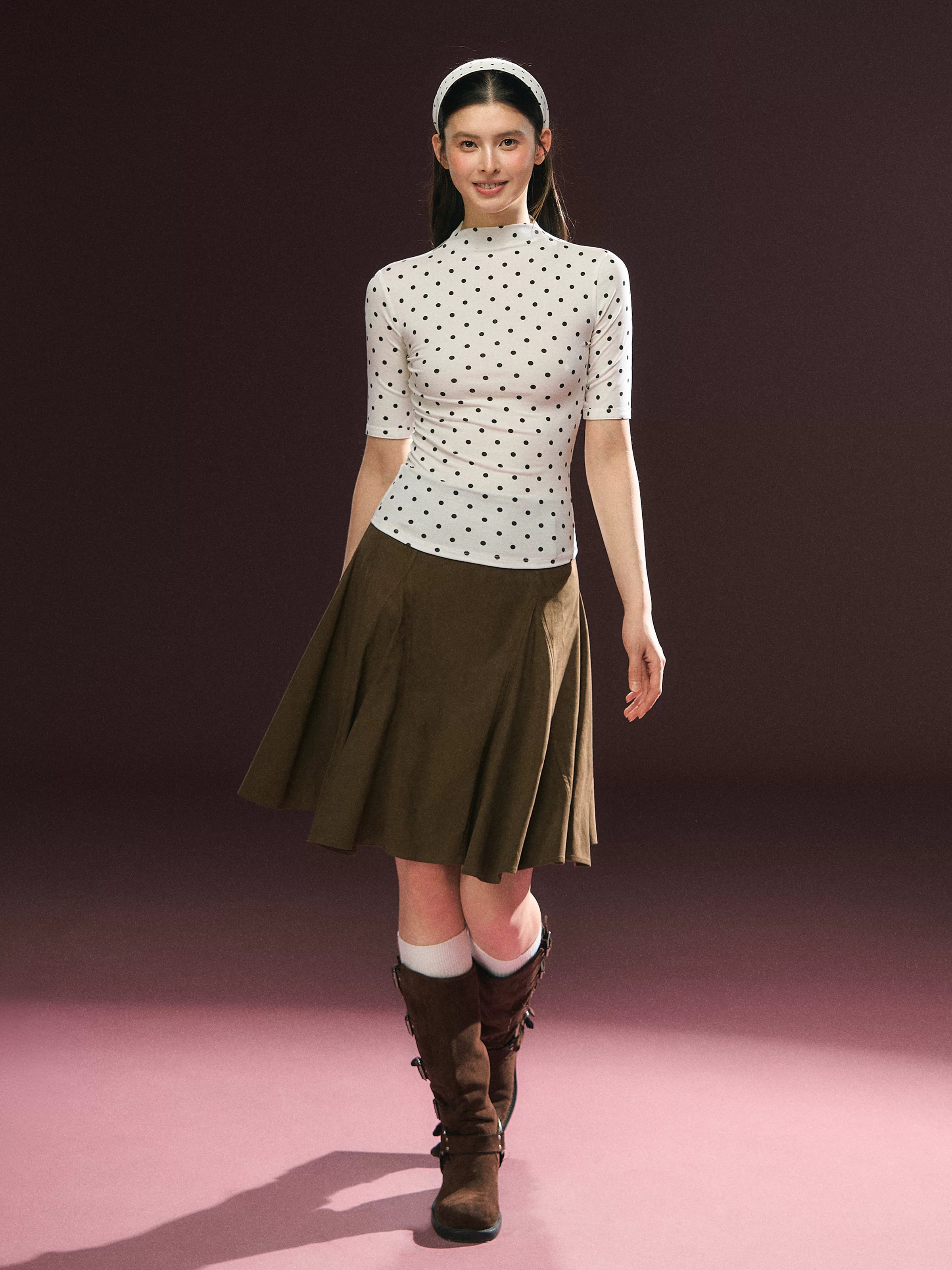 Ariseism Semi-turtleneck Slim Polka Dot Tee