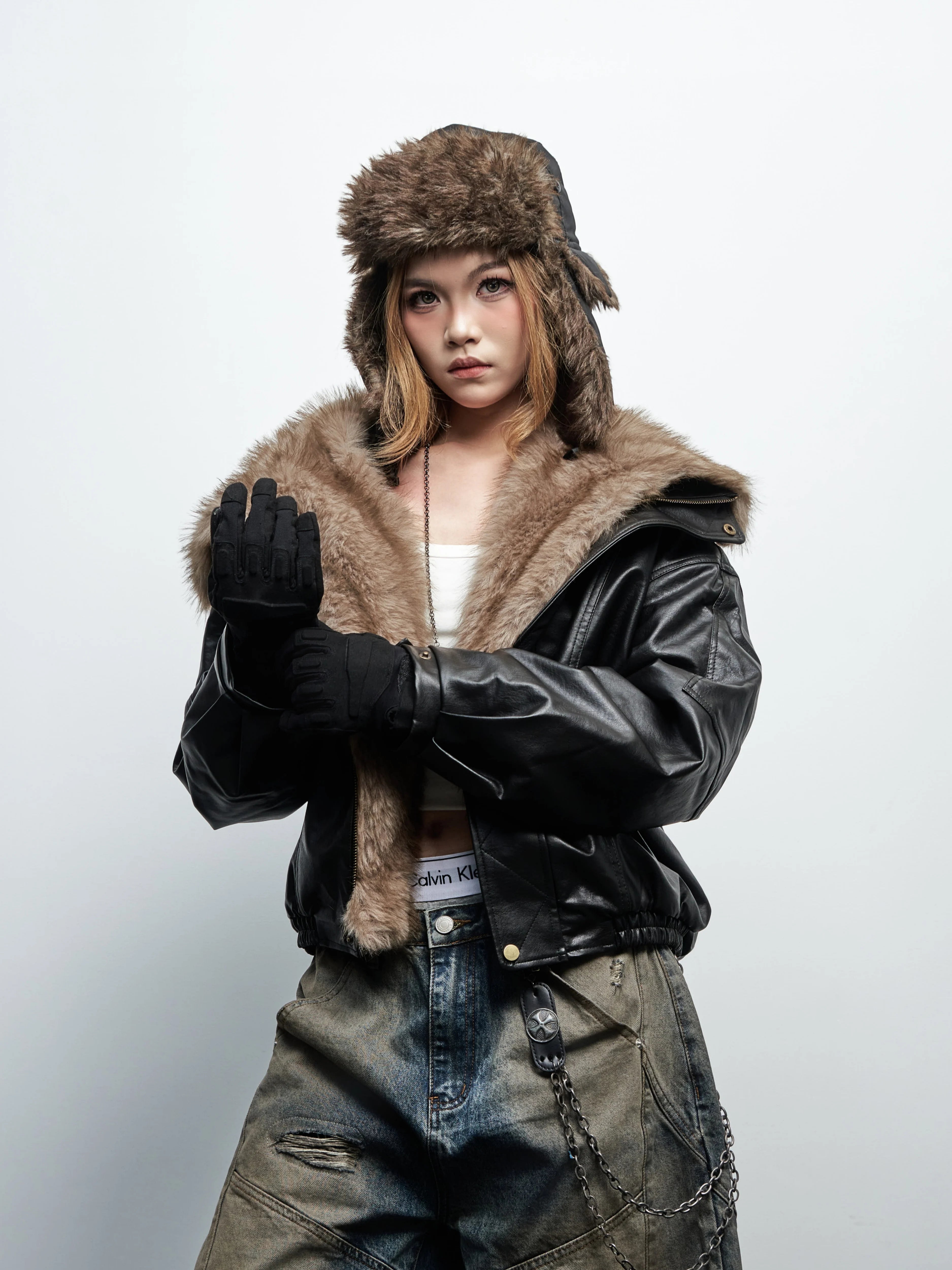 Saimt Retro Fur Collar Pu Leather Jacket