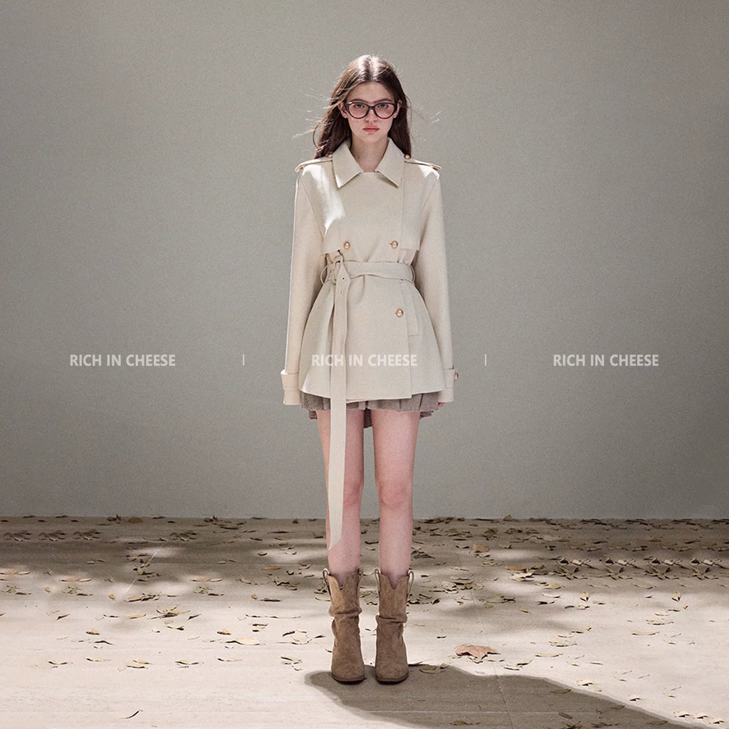 RICH IN CHEESE Lapel Double-breasted Waist Short Lace-up Trench Coat