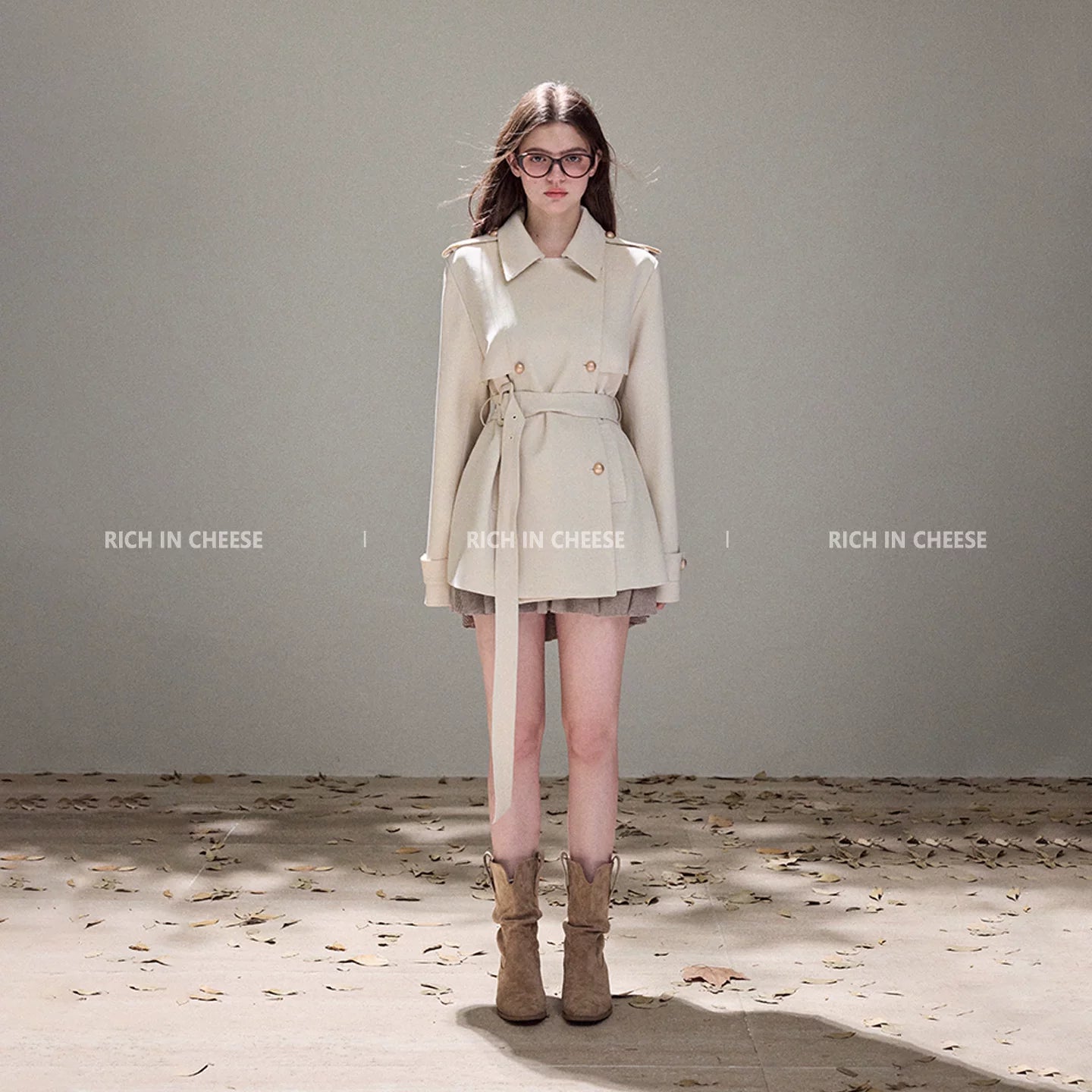 RICH IN CHEESE Lapel Double-breasted Waist Short Lace-up Trench Coat