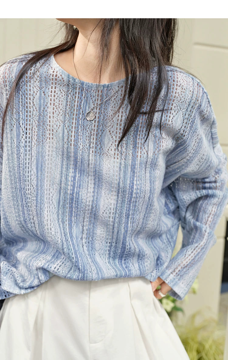 Kuose Striped Hollow Loose Long Sleeve Shirt