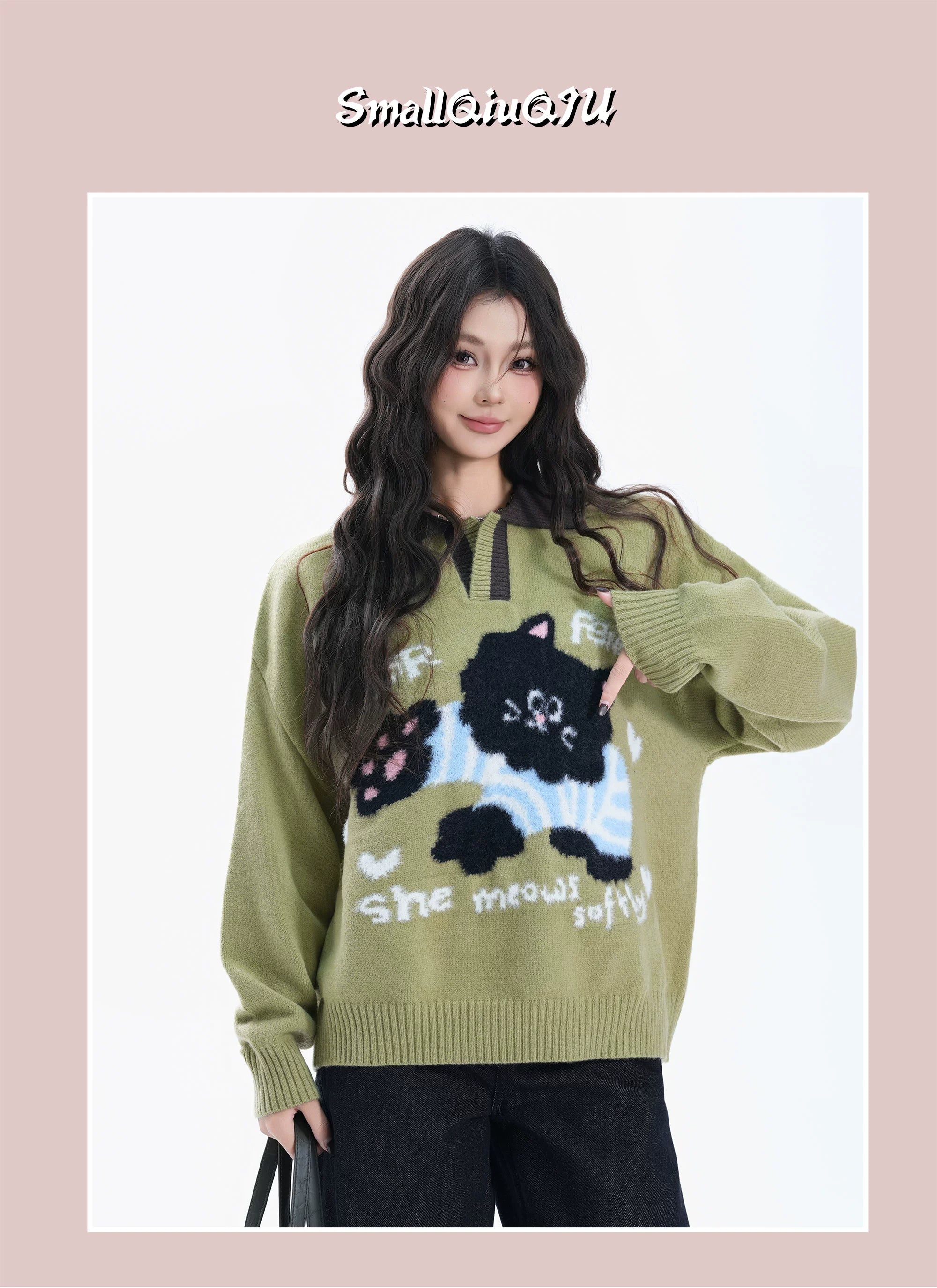 BF. BORFEND Black Cat Contrast Versatile Loose Warm Knitted Sweater