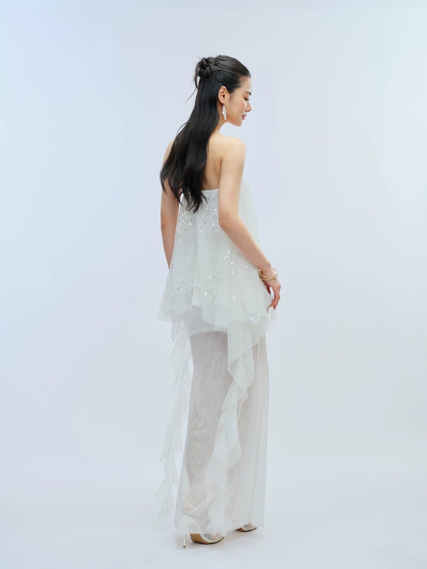 J TheChosen Pleated Sequined Streamer Lace Mesh Skirt Set