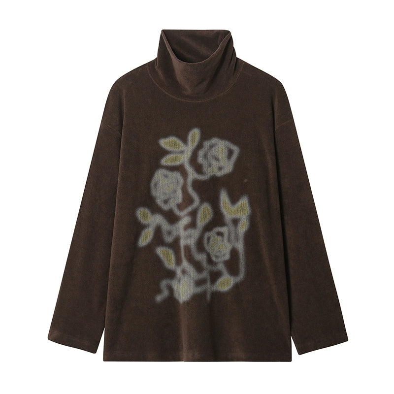 PHYS Semi-turtleneck Loose Versatile Rose Print Long Sleeve
