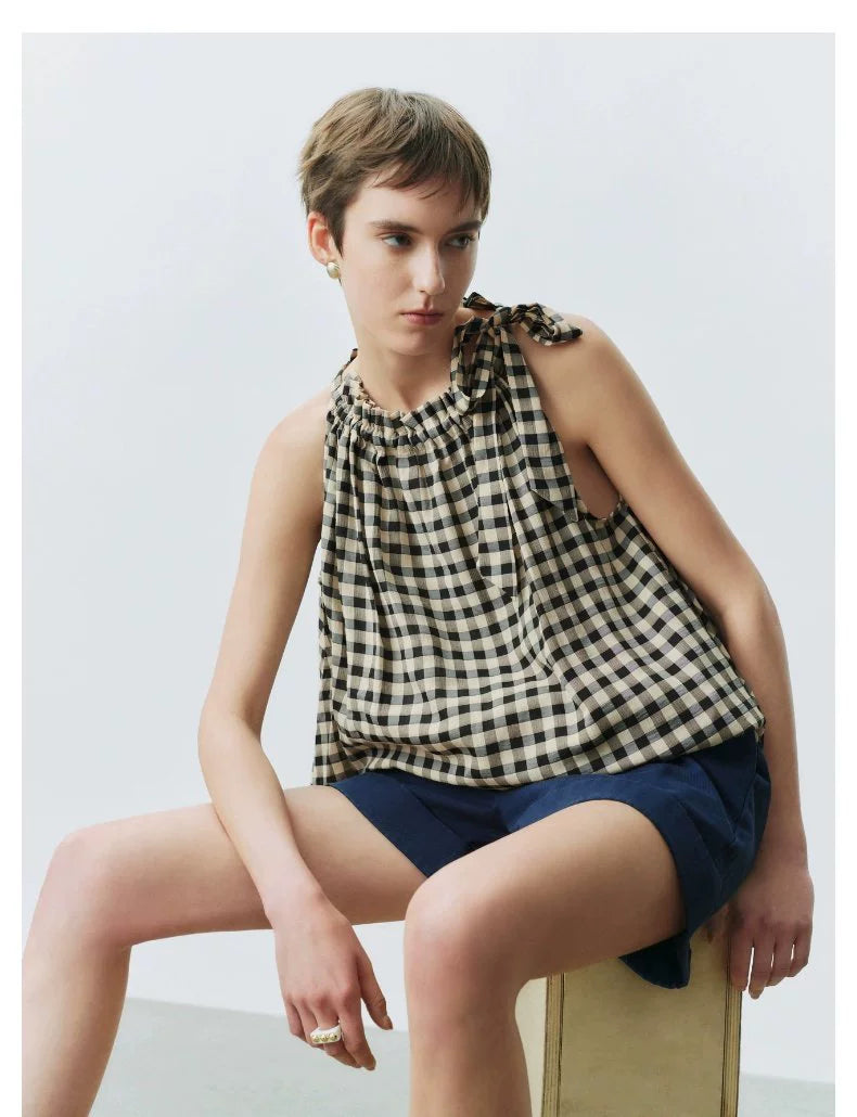 URBAN REVIVO Wave Style Contrasting Color Plaid Super Loose Blouse Shirt