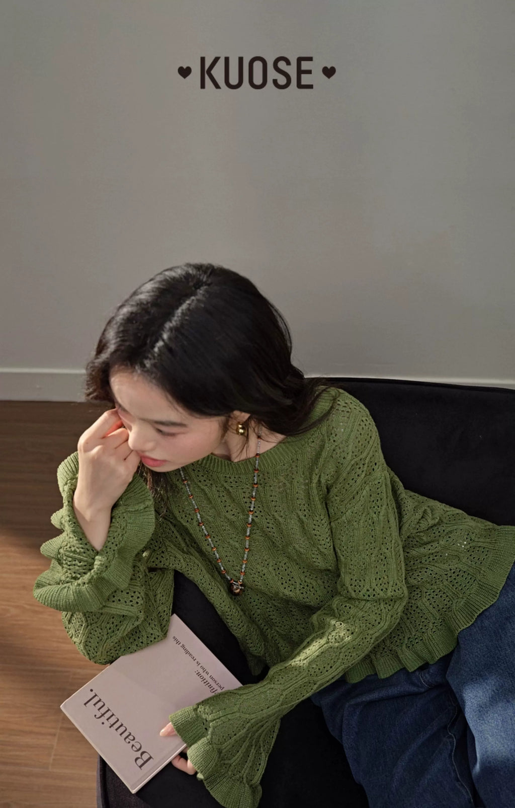 Kuose Hollow Short Long-sleeved Knitted Sweater