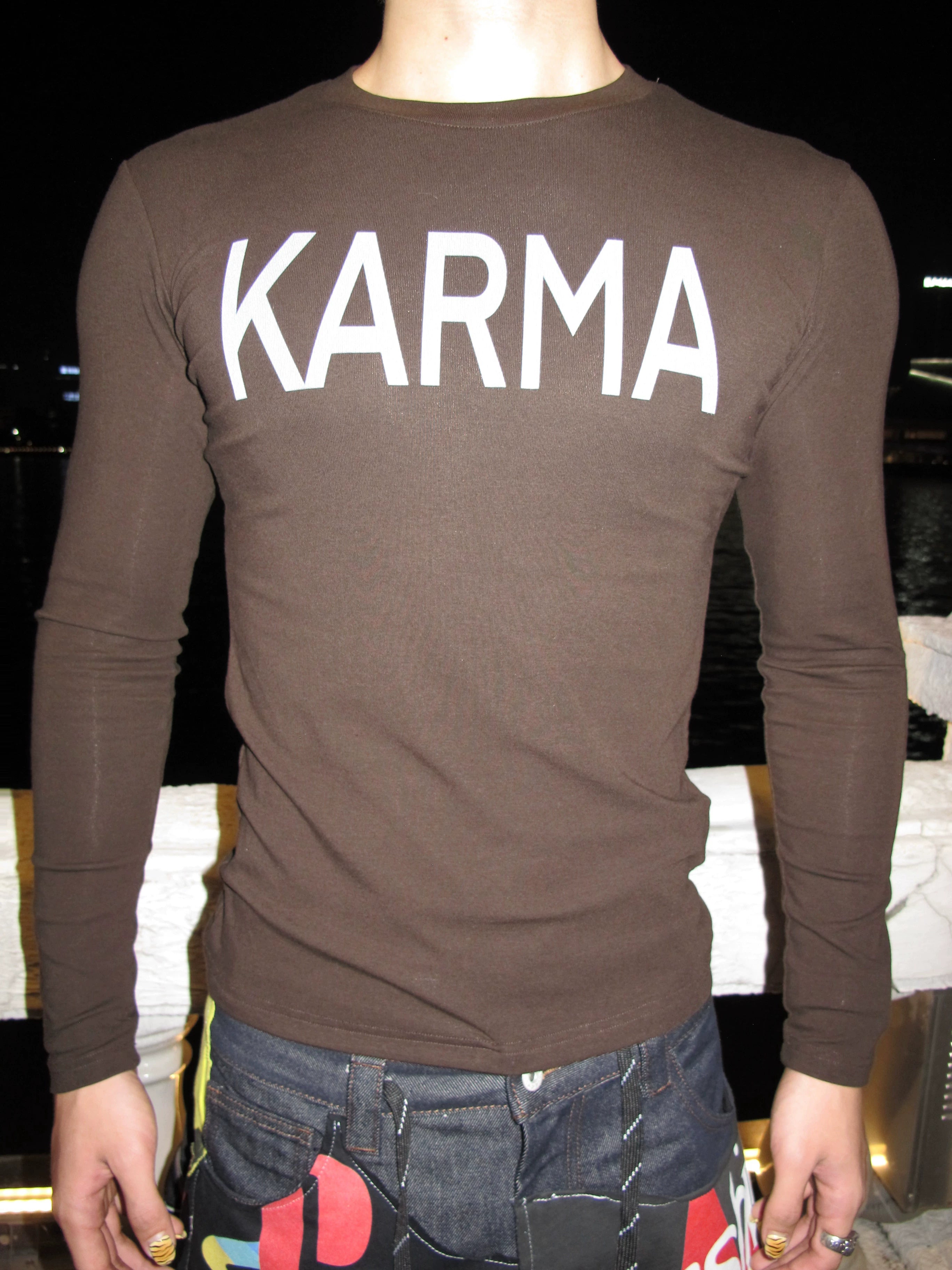 KARMANISTIC Vintage Crew Neck Letter Print Slim Sleeve