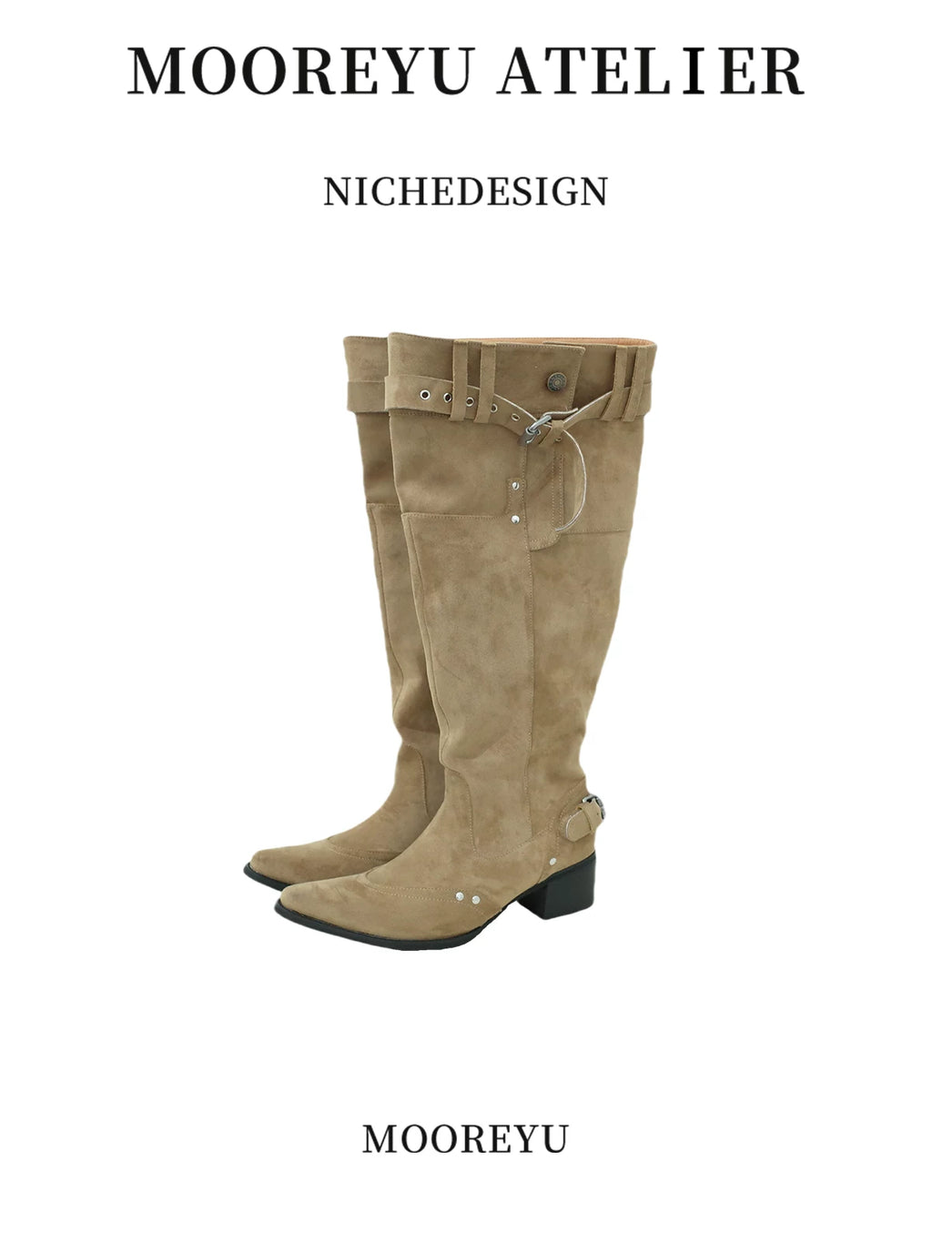 Mooreyu Suede Pointed Thick Heel Skinny Pleated Pile Boots