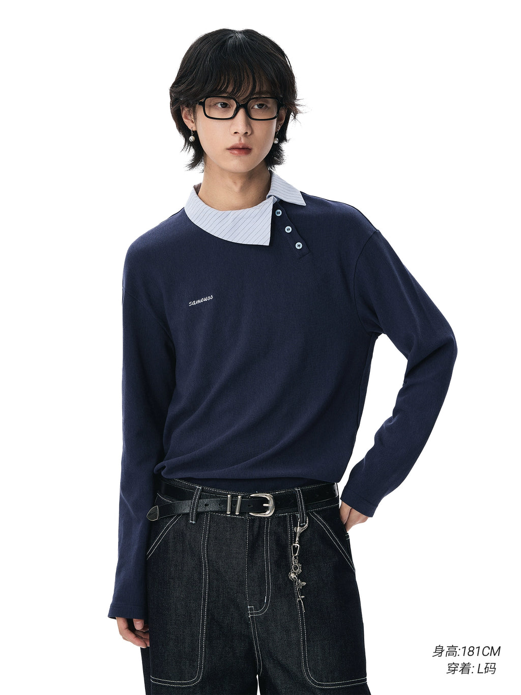 Sameuoo Casual Texture Slant Placket Polo Neck Long Sleeve