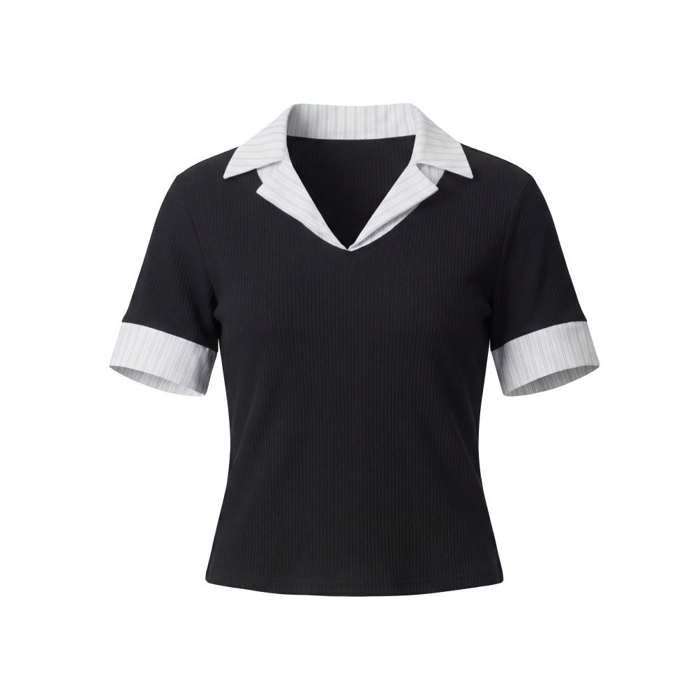 HeyHenry V-neck Fake Two-piece Polo Shirt Front Shoulder Tee