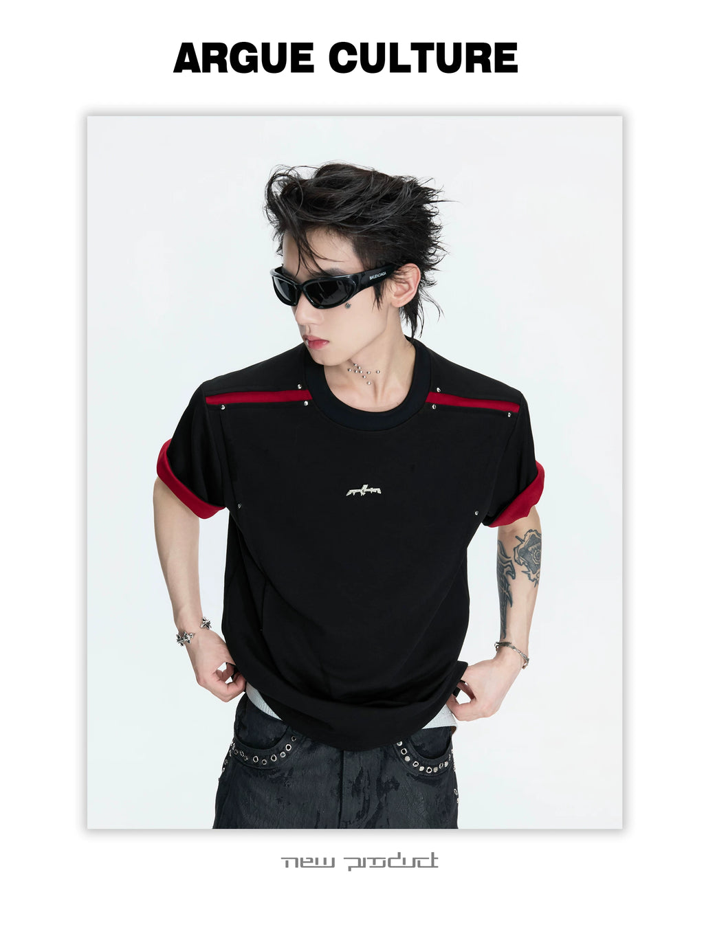 ArguECulturE Contrast Color Round Neck Front Shoulder Simple Tee