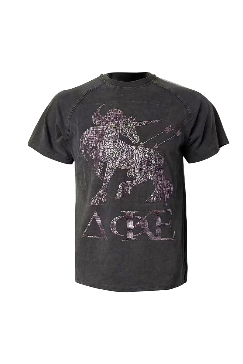 PAIKI Pink Diamond Unicorn Hot Diamond Sequined Round Neck Tee