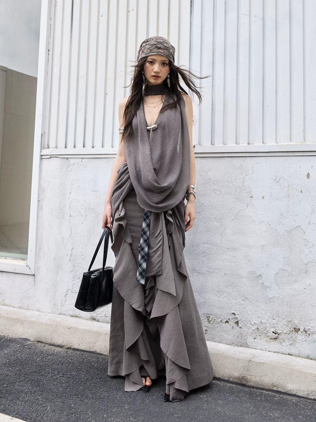 JNYLON Makes Old Ruffle Leaf Edge Lace-up Long Skirt.