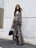 JNYLON Makes Old Ruffle Leaf Edge Lace-up Long Skirt.