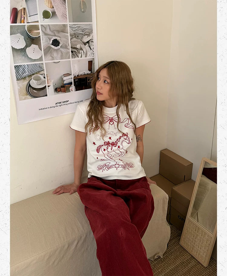 CCYE Embroidered Front Shoulder Lace Round Neck Tee