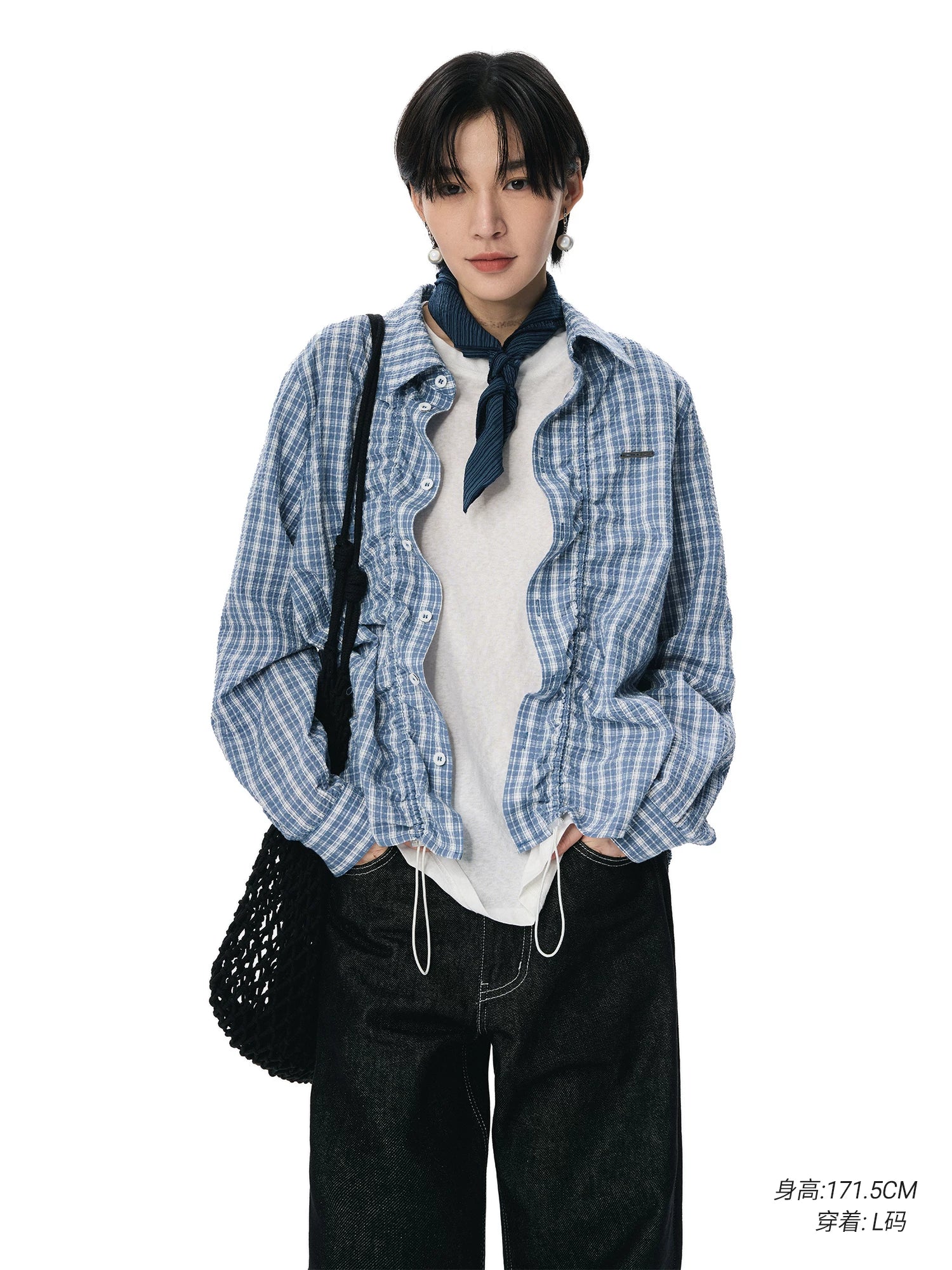 Sameuoo Drawstring Checked Long Sleeve Shirt
