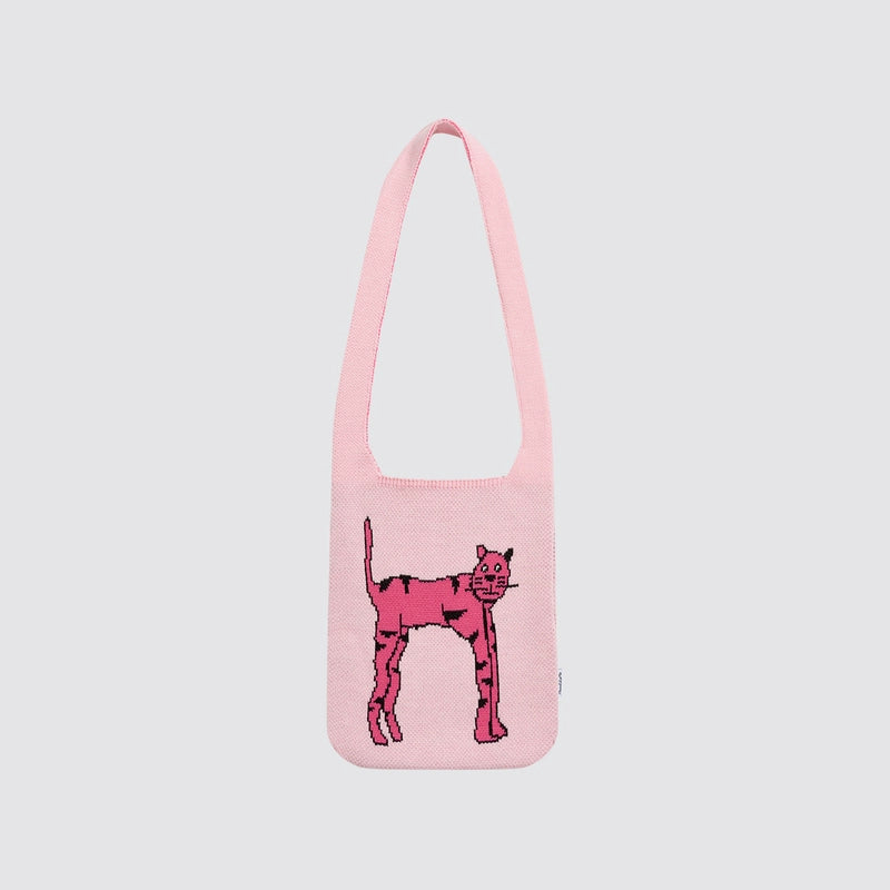 Mood Like Me Knitted Yarn Pink Cat Illustration Jacquard Crossbody Bag