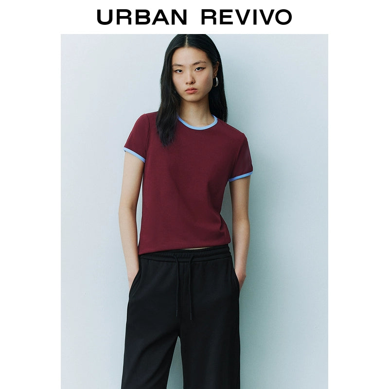 URBAN REVIVO Casual Contrasting Lines Crew Neck Short Sleeve T-Shirt