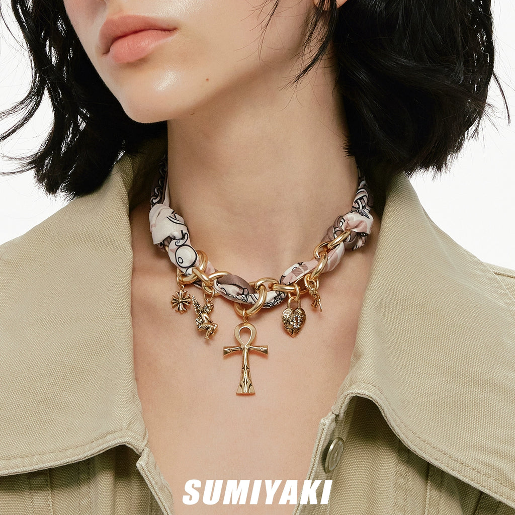 SUMIYAKI Vintage Cross Silk Scarf Necklace
