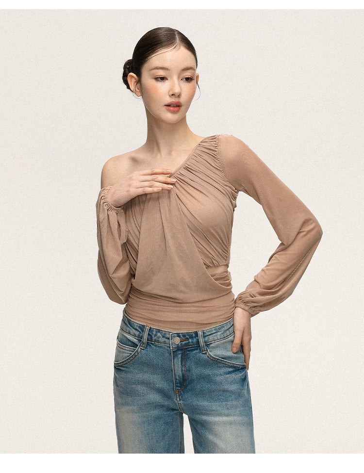Anna Aneae Mesh Slanted Shoulders Waist Slim Tee