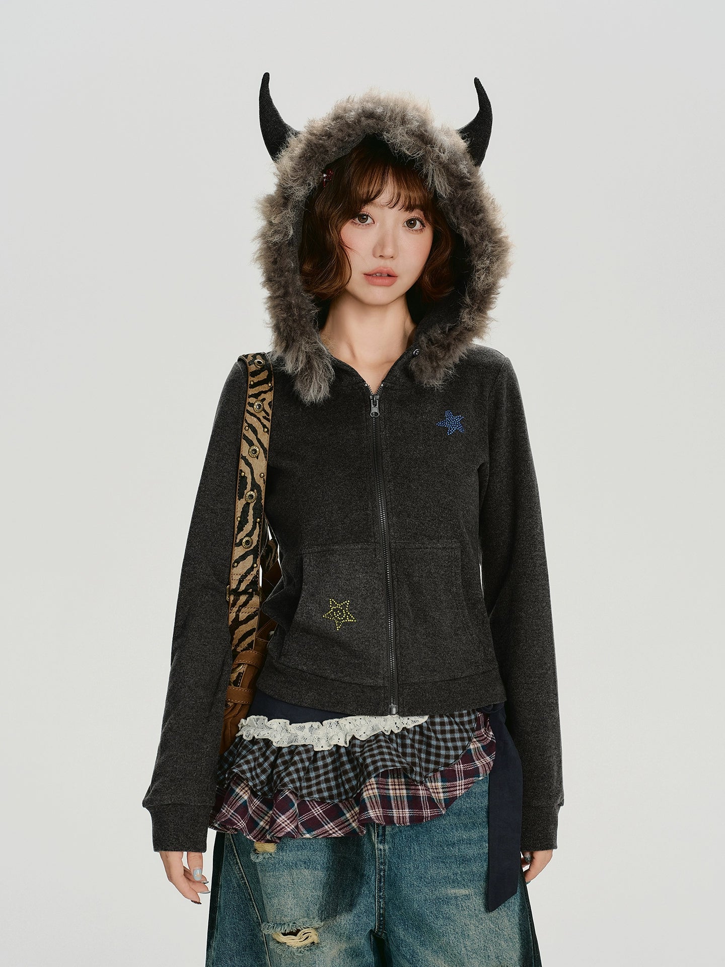 Girlyhalo Vintage Slim Fit Fur Collar Hooded Sweater Jacket