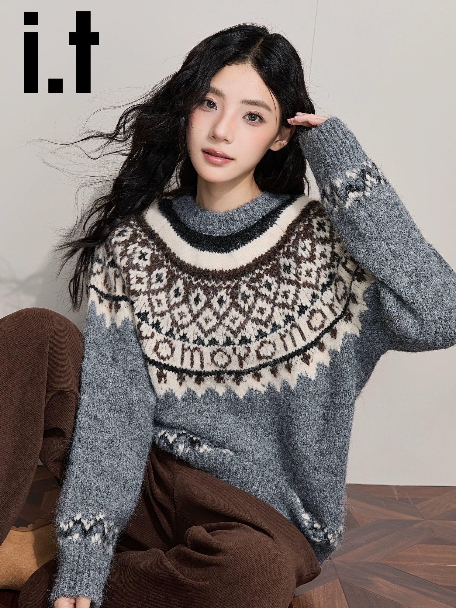 IT: CHOCOOLATE Jacquard Crew Neck Pullover Vintage Loose Wool Knitted Sweater