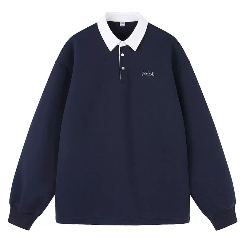 MATCHA STORY Contrast Color Lapel Loose Simple Sweater