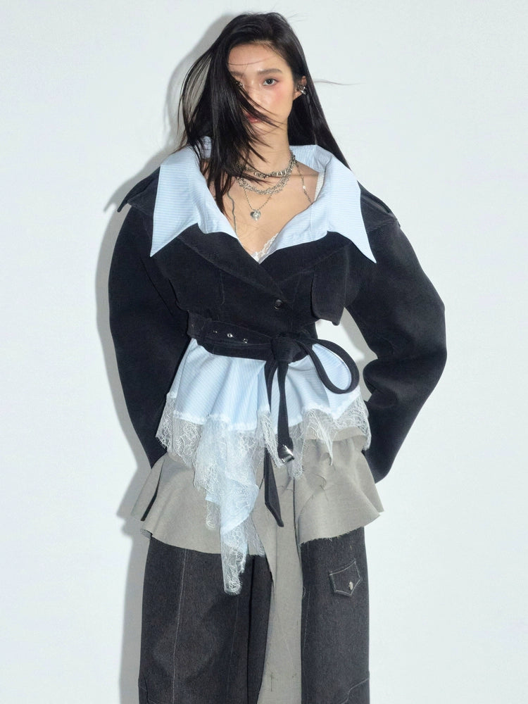 JNYLON Vintage Fake Two-Piece Lace Removable Silhouette Short Jacket