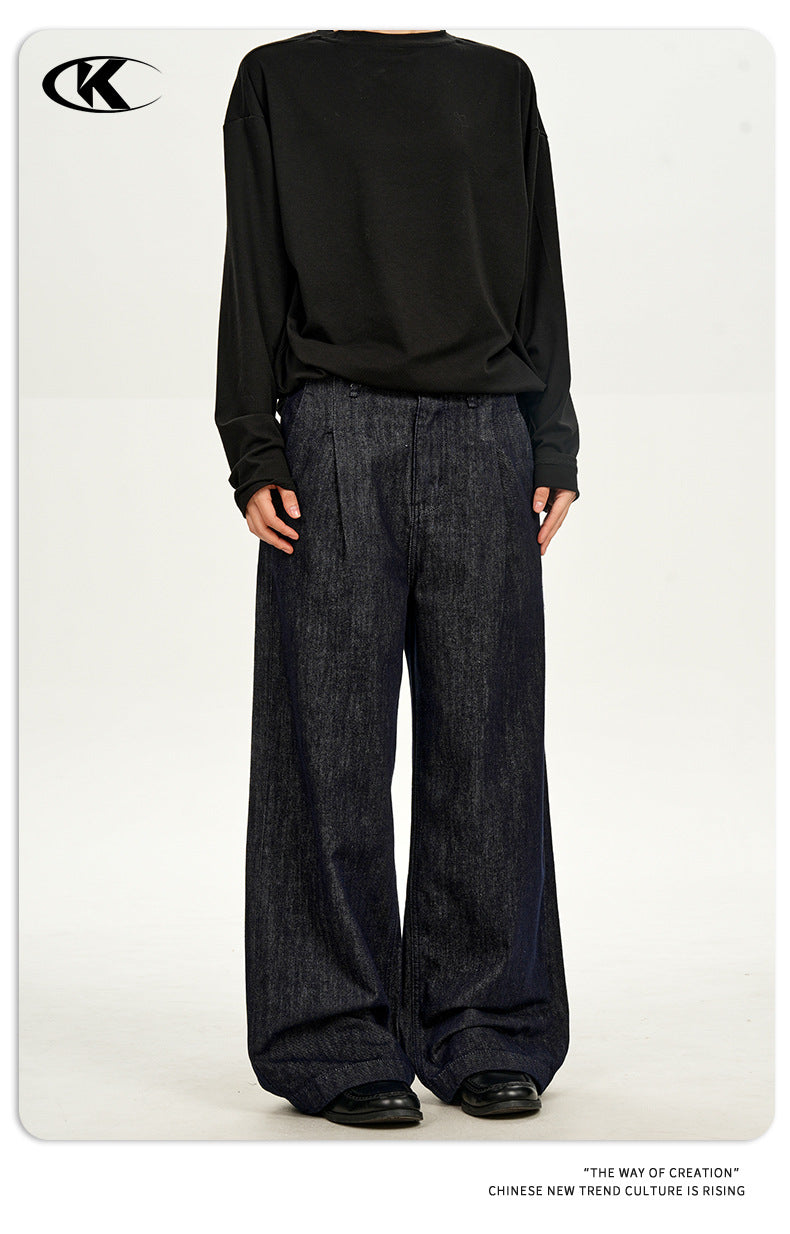 11KN Retro Simple Straight Double Pleated Loose Wide-leg Pants