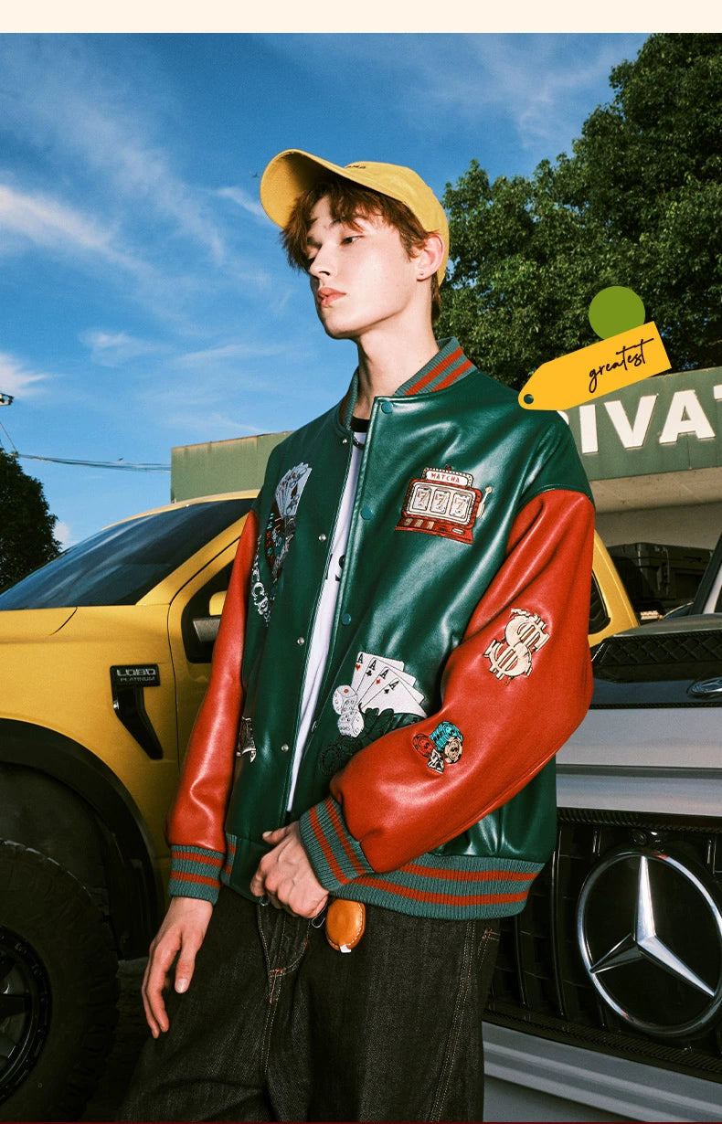 MATCHA STORY PU Leather Heavy Industry Embroidered Baseball Jersey