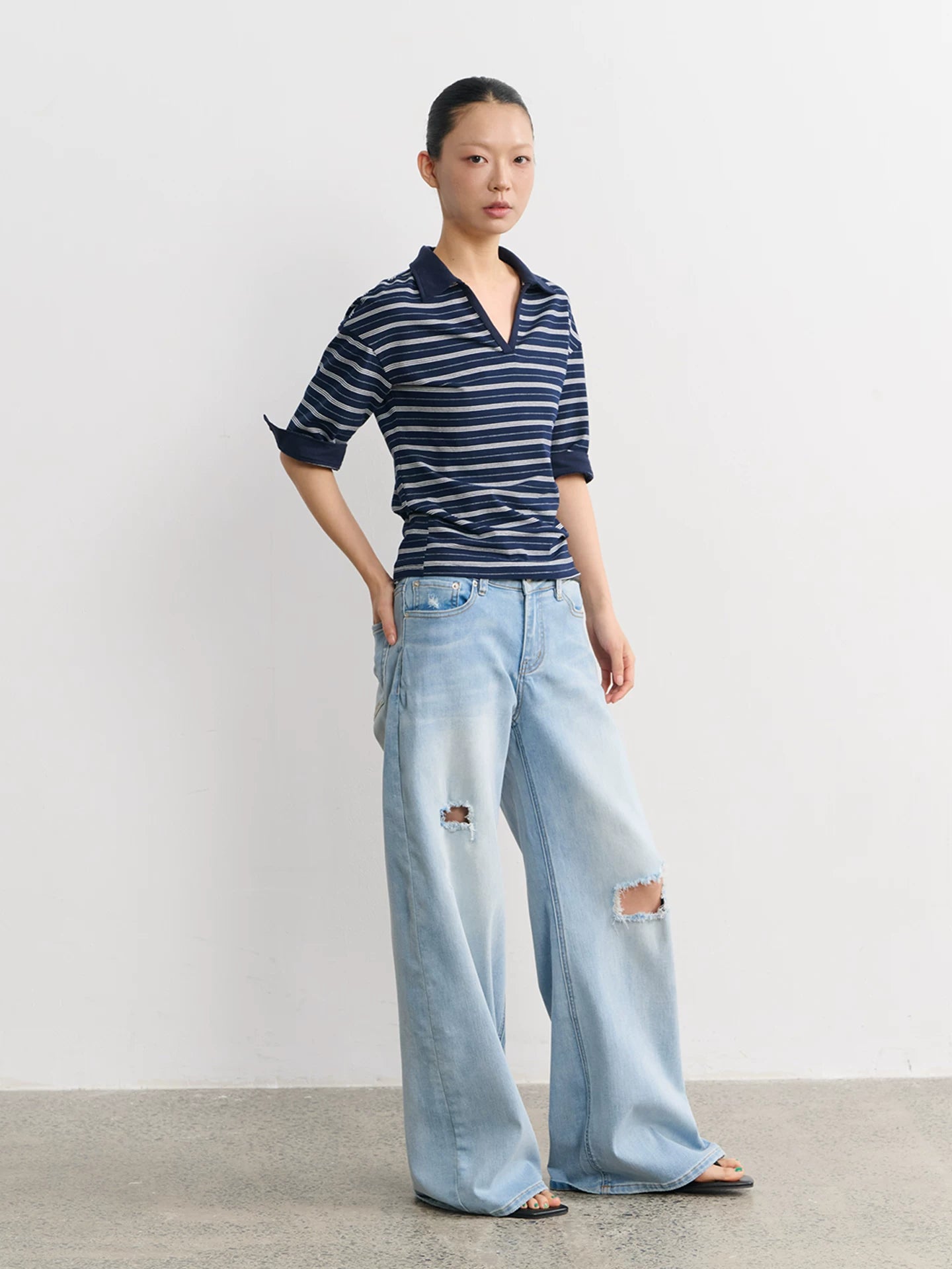 LINY LIBERTY Vintage Slightly Loose Striped V-neck Polo Tee