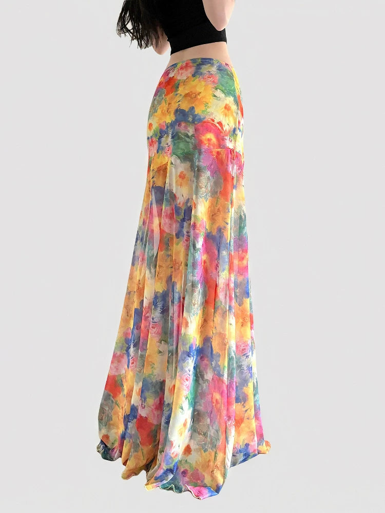 FUNOFF Low Waist Mesh Floor Length Skirt