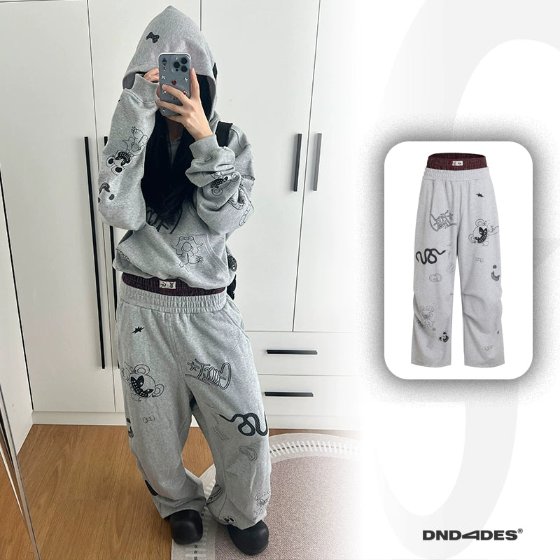 DND4DES Graffiti Print Double Waist Splicing Gray Sweatpants