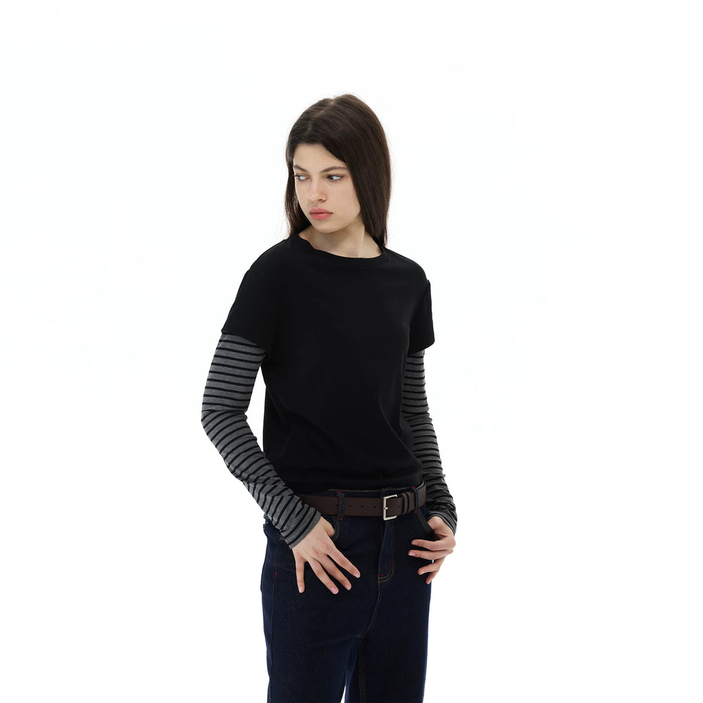 WLNEXT Vintage Fake Two-Piece Striped Front Shoulder Long Sleeve